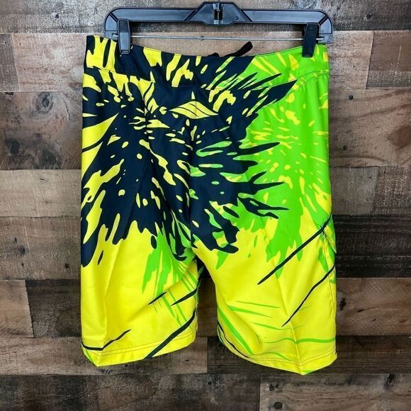 Slippery Board Shorts Solar Tie Front Black Neon Green Yellow Side Pocket Men 30 - Picture 14 of 15
